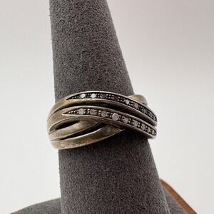 Sterling Silver 925 Black Stone Pave Crisscross Band Ring Size 7 Layered